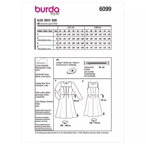 BURDA 6099 Misses Shift Dresses Long/No Sleeve Pattern Size 8 - 18 New & Uncut - Picture 4 of 5